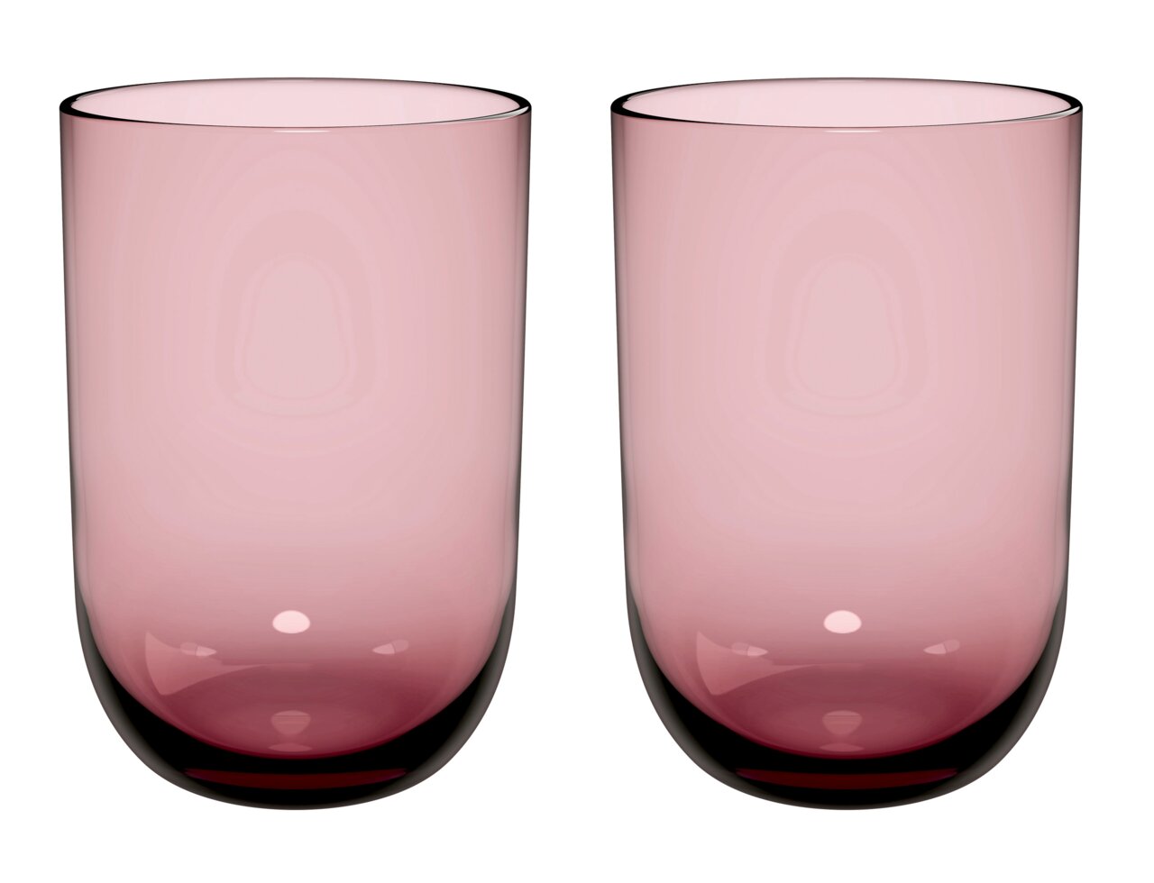 Twee roze glazen longdrinkglazen, van voren gefotografeerd.