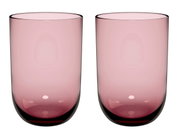 Twee roze glazen longdrinkglazen, van voren gefotografeerd.