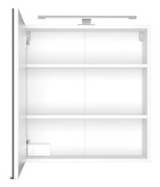 Offener Spiegelschrank mit zwei Einlegeböden und integrierter Beleuchtung, Frontalansicht.