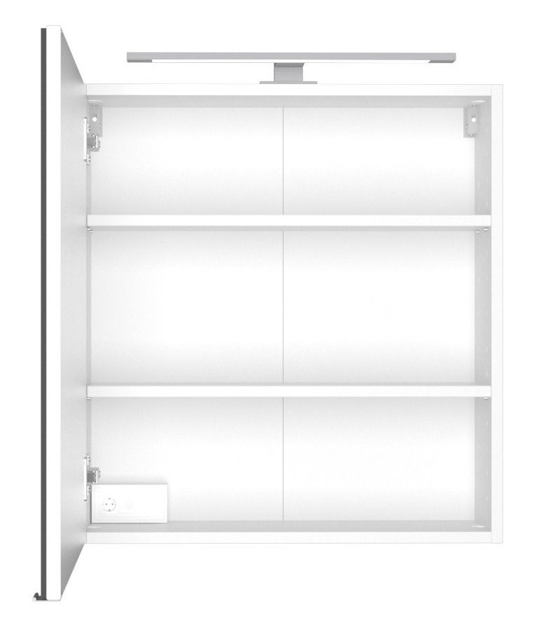 Offener Spiegelschrank mit zwei Einlegeböden und integrierter Beleuchtung, Frontalansicht.