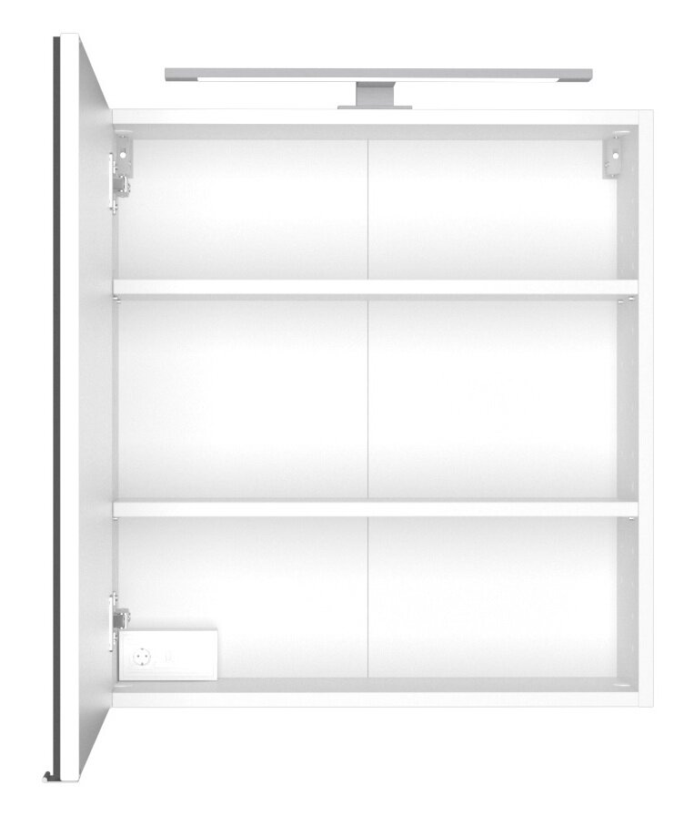 Offener Spiegelschrank mit zwei Einlegeböden und integrierter Beleuchtung, Frontalansicht.