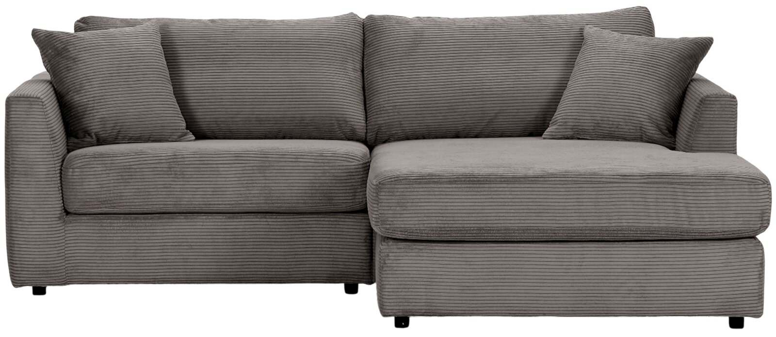 Grijze hoekbank met geribbeld patroon, twee kussens en een poef, vooraanzicht