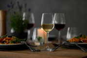 Ein stilvolles Wasser- und Rotweinglas Classico auf einem gedeckten Tisch, frontal fotografiert, umgeben von Tellern mit Pasta und weiteren Weingläsern im Hintergrund.