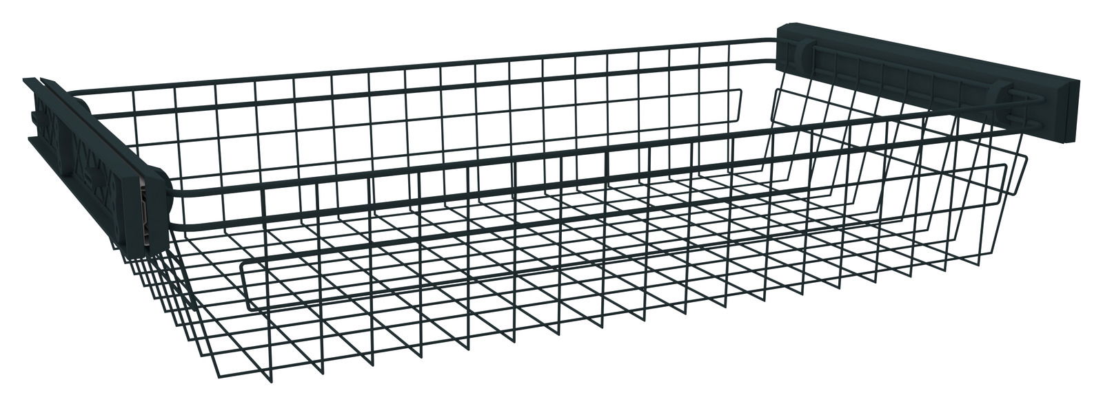 Drahtkorb aus Metall mit seitlichen Halterungen, perspektivisch von schräg vorne betrachtet.