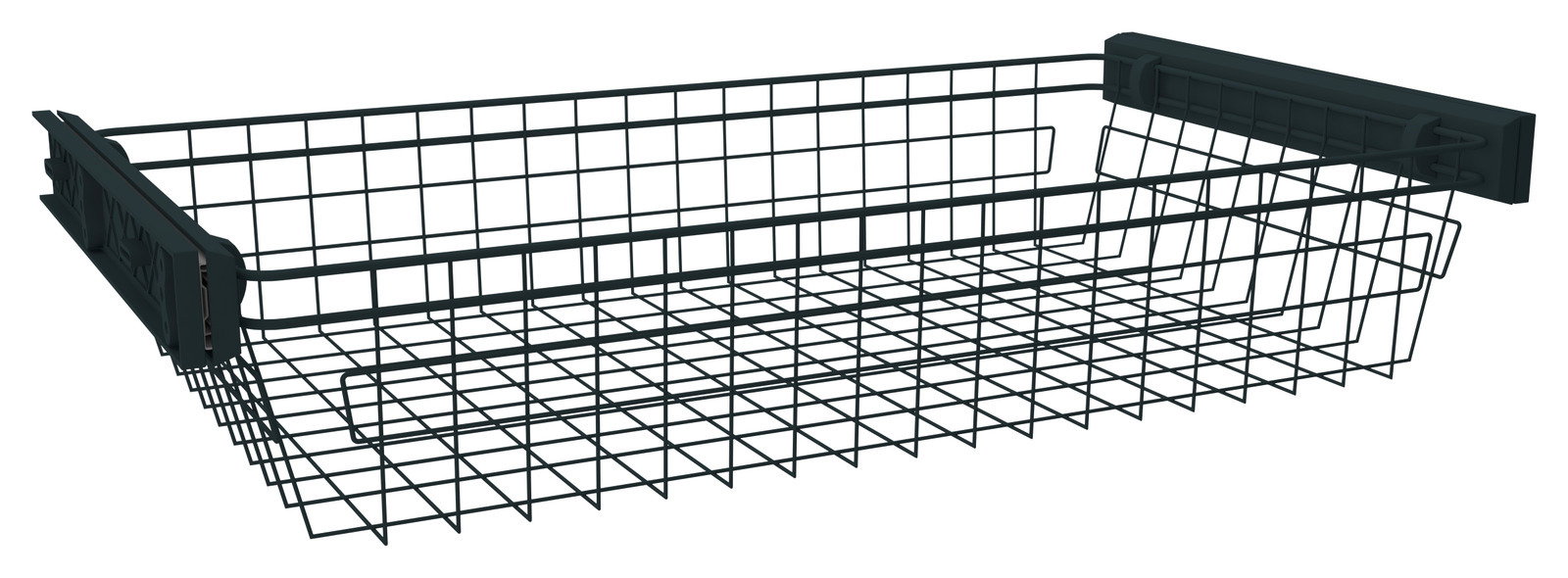 Drahtkorb aus Metall mit seitlichen Halterungen, perspektivisch von schräg vorne betrachtet.