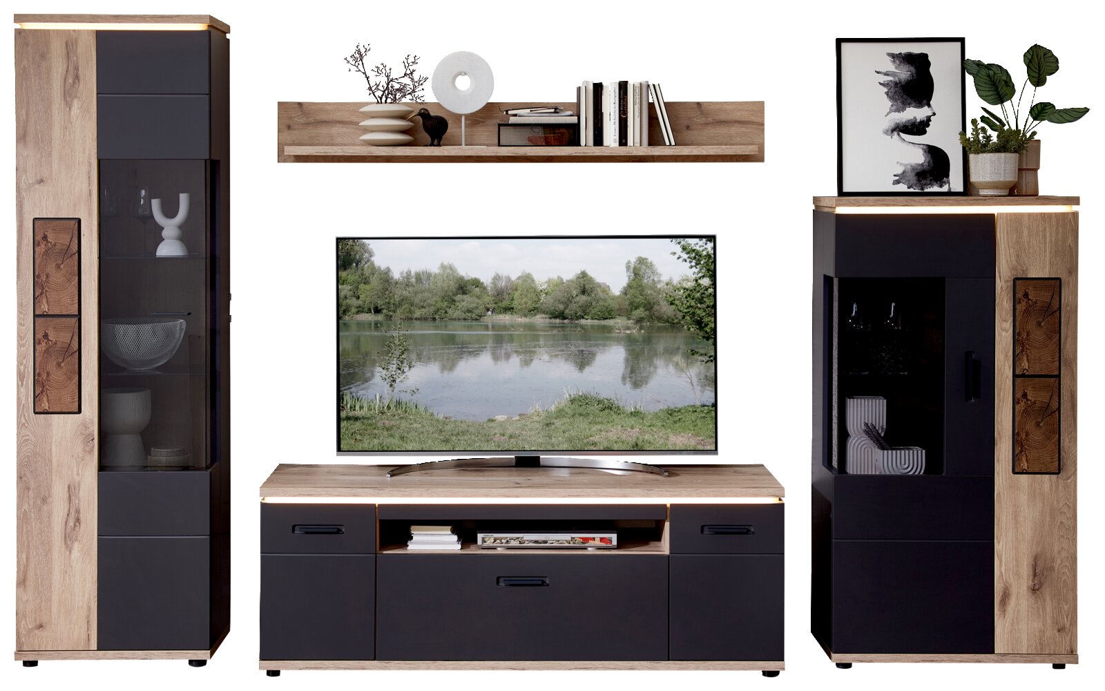 Wohnwand-Set im modernen Design mit TV-Lowboard, Wandboard und zwei Vitrinenschränken in Holzoptik und mattem Anthrazit, mit LED-Beleuchtung; frontale Ansicht.
