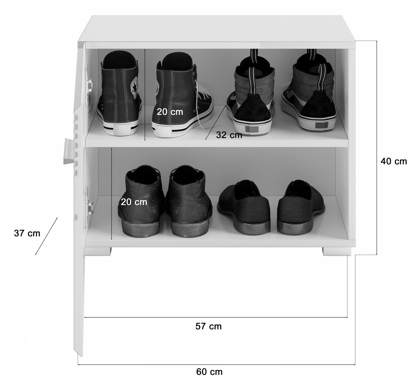 Schuhschrank in Weiß mit zwei Regalböden, frontal abgebildet, gefüllt mit verschiedenen Schuhen. Maße: 60 cm Breite, 40 cm Höhe, 37 cm Tiefe.