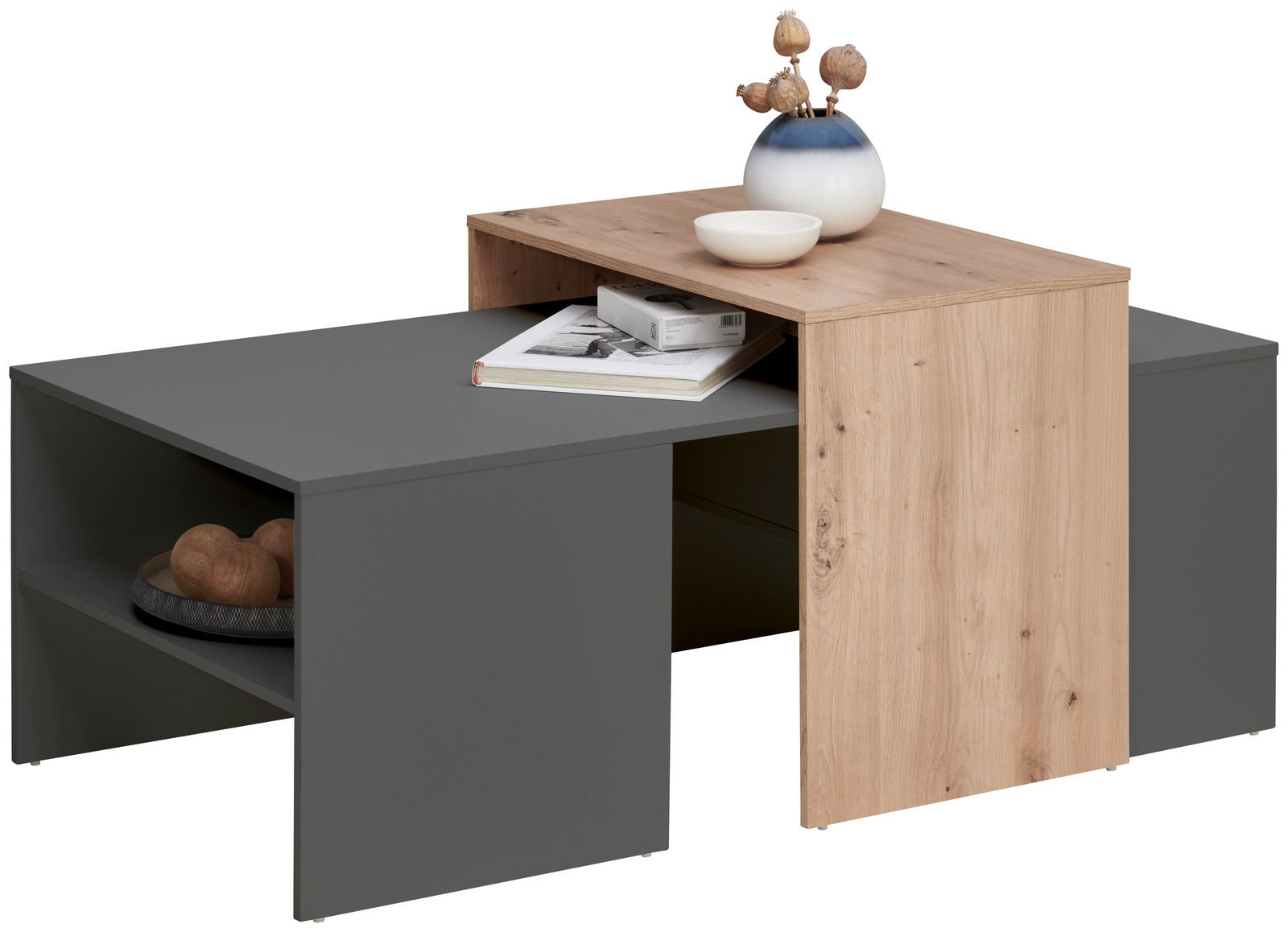 Moderner Couchtisch mit grauer und holzfarbener Oberfläche, dekoriert mit einer Vase, einer Schale und Büchern, seitliche Perspektive.