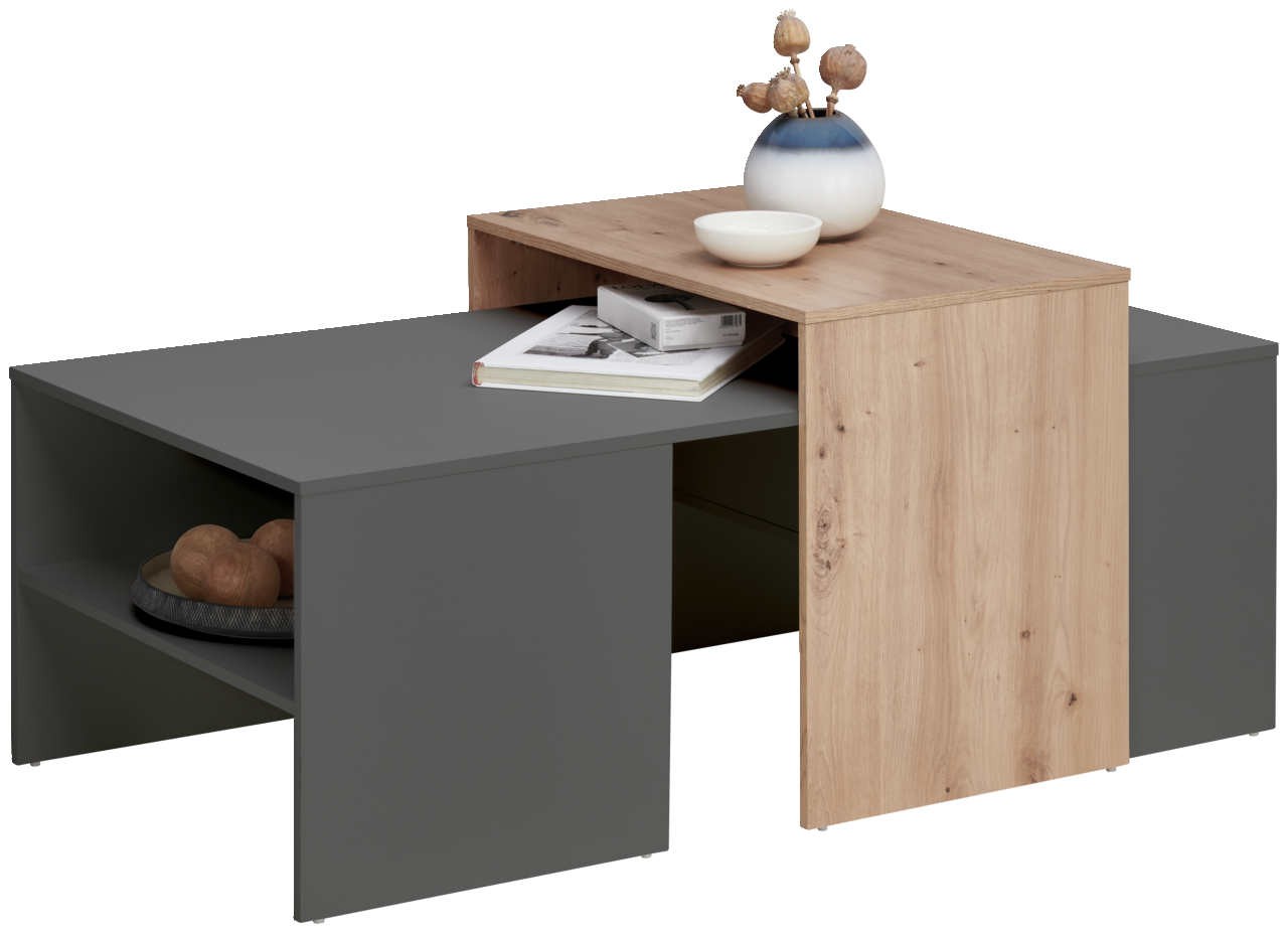 Hom´in Couchtisch DIANA Moderner Couchtisch mit grauer und holzfarbener Oberfläche, dekoriert mit einer Vase, einer Schale und Büchern, seitliche Perspektive.