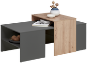 Moderner Couchtisch mit grauer und holzfarbener Oberfläche, dekoriert mit einer Vase, einer Schale und Büchern, seitliche Perspektive.