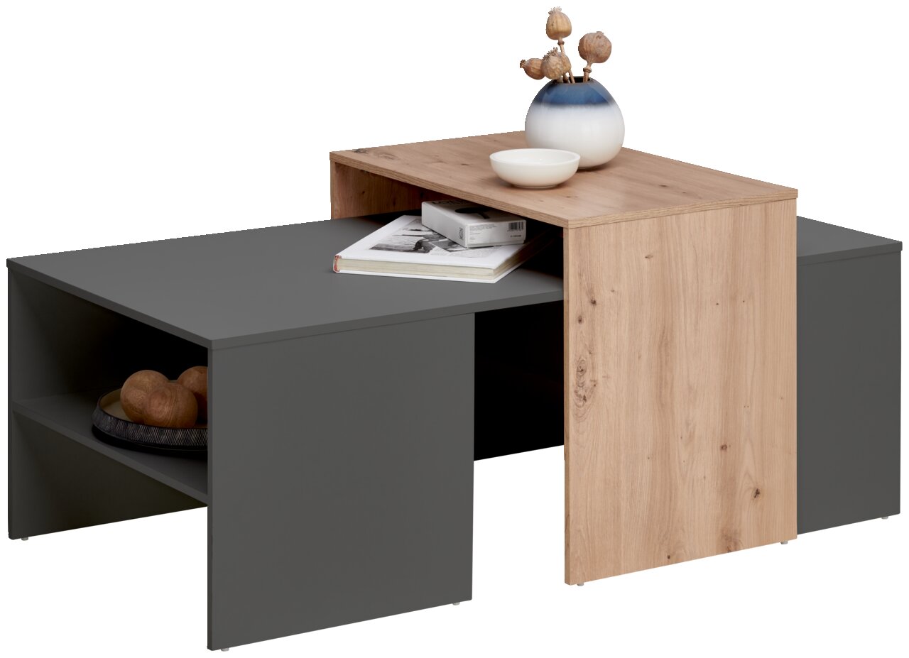 Moderner Couchtisch mit grauer und holzfarbener Oberfläche, dekoriert mit einer Vase, einer Schale und Büchern, seitliche Perspektive.
