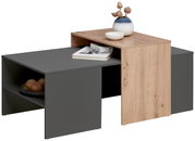 Moderne salontafel met een grijs en houtkleurig oppervlak, versierd met een vaas, een schaal en boeken, gezien vanuit de zijkant.