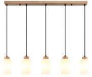 Fünfflammige Pendelleuchte mit rechteckigem Baldachin aus hellem Holz, fünf schwarzen Kabeln und zylindrischen, milchig-weißen Glasschirmen, frontal von unten auf weißem Hintergrund