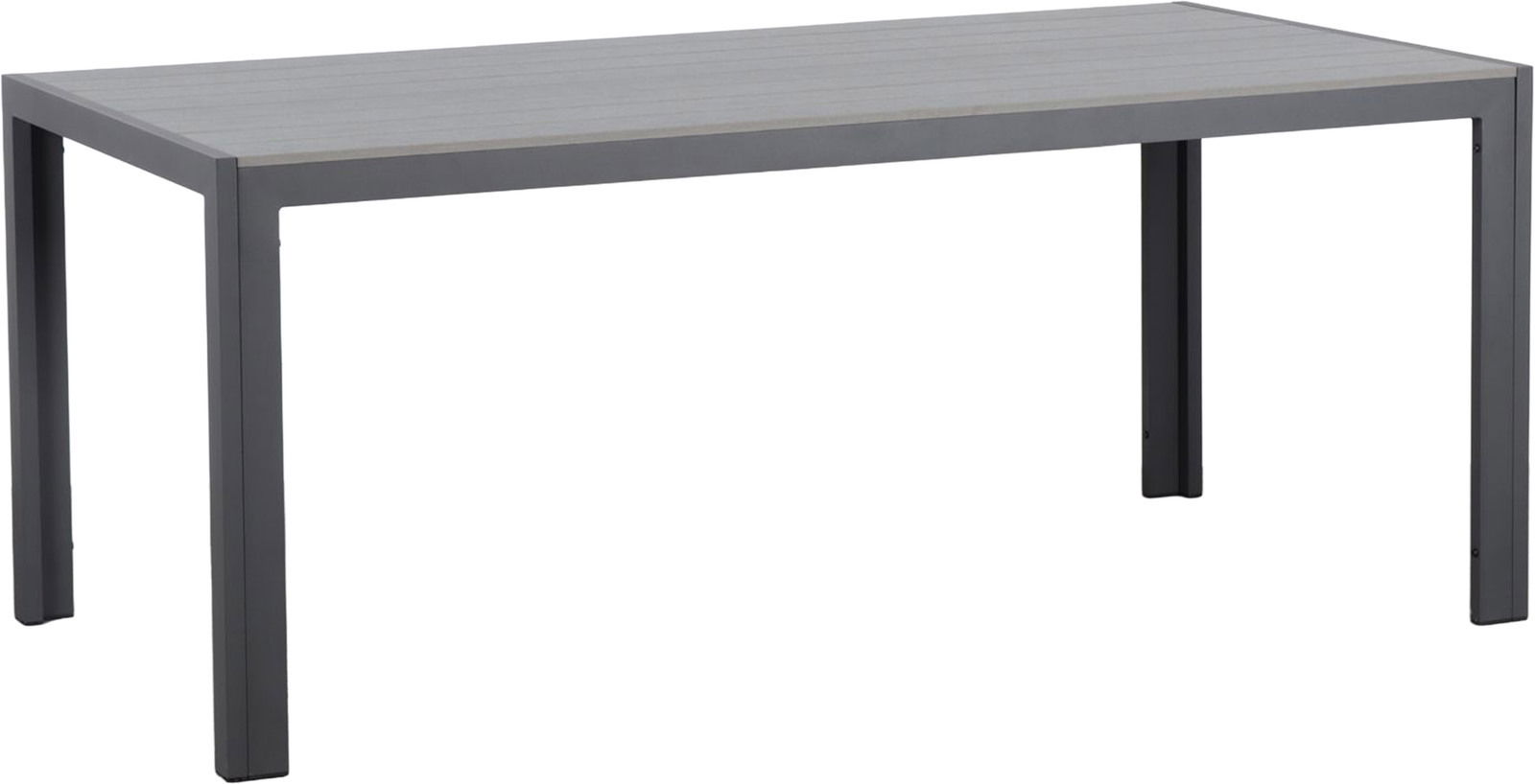Moderner Gartentisch in rechteckiger Form, seitliche Perspektive, mit grauer Tischplatte und stabilen Metallbeinen.