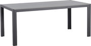 Moderner Gartentisch in rechteckiger Form, seitliche Perspektive, mit grauer Tischplatte und stabilen Metallbeinen.
