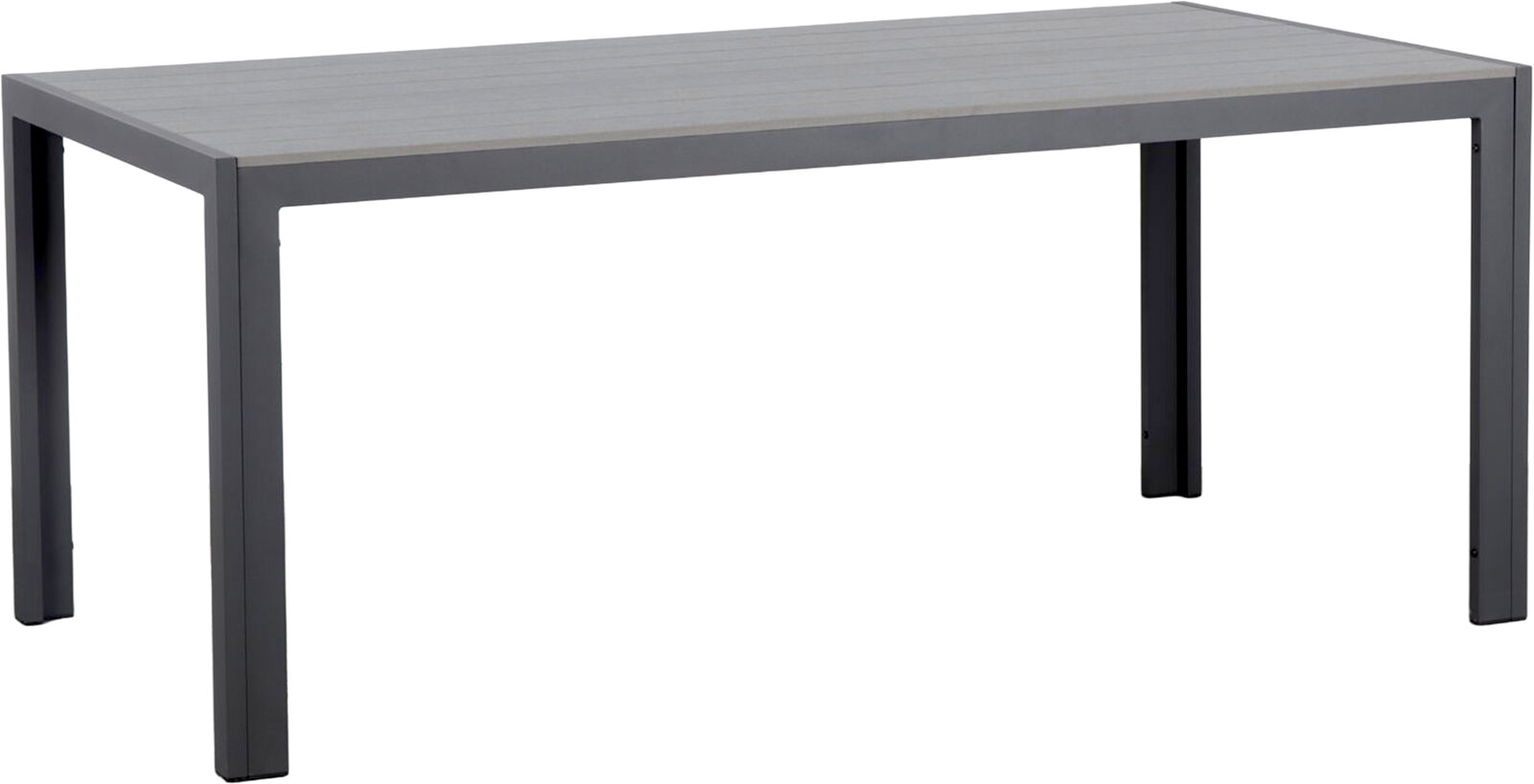 Moderner Gartentisch in rechteckiger Form, seitliche Perspektive, mit grauer Tischplatte und stabilen Metallbeinen.