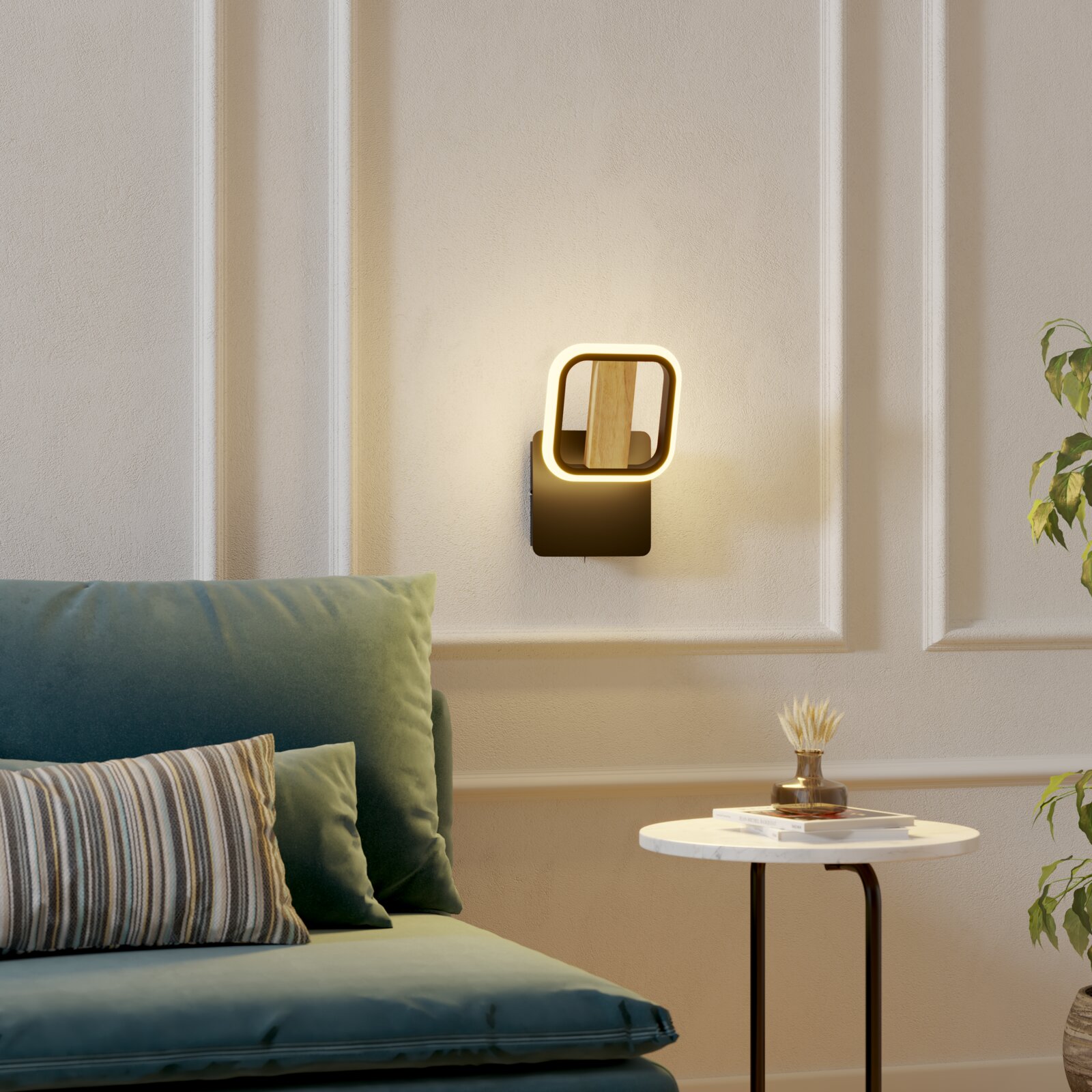 Novel LED-Strahler STRAHLER Moderne LED-Wandleuchte mit warmweiß leuchtendem, abgerundet-quadratischem Rahmen, schwarzer Wandhalterung und Holzelement, frontal in leicht seitlicher Perspektive im Wohnzimmer an heller Wand montiert