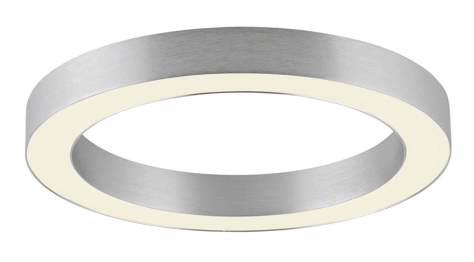 Runde LED-Deckenleuchte aus gebürstetem Metall mit seitlicher Perspektive