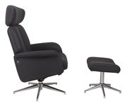 Seitliche Ansicht eines schwarzen Relaxsessels mit passendem Hocker, beide mit verchromten Drehgestellen.