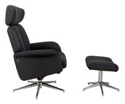 Seitliche Ansicht eines schwarzen Relaxsessels mit passendem Hocker, beide mit verchromten Drehgestellen.