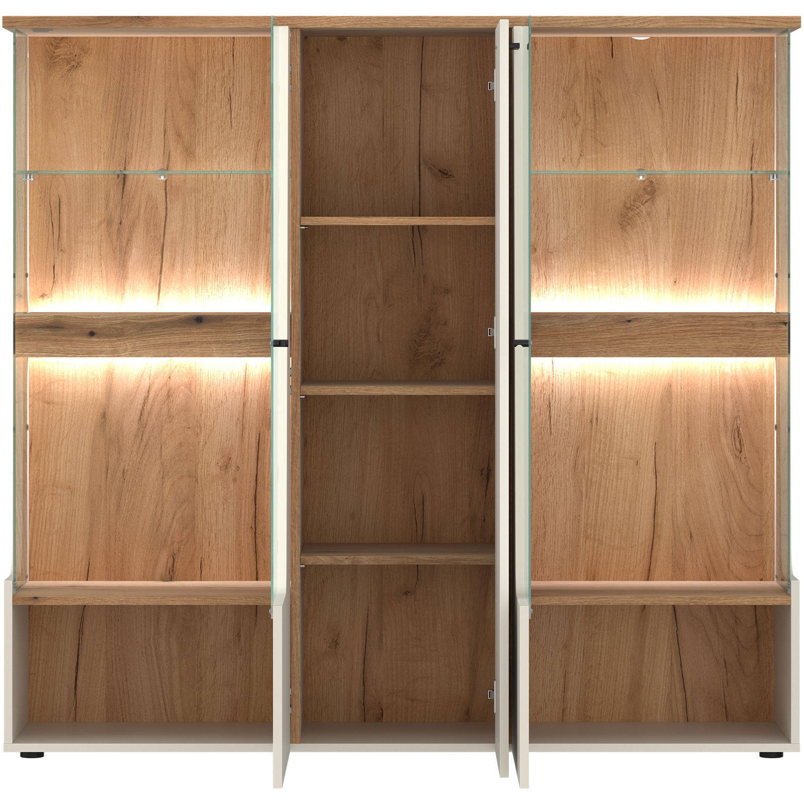 Frontansicht eines Highboards mit offenen Türen, Holzoptik und integrierter Beleuchtung.