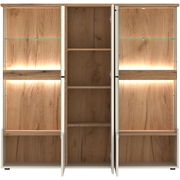 Frontansicht eines Highboards mit offenen Türen, Holzoptik und integrierter Beleuchtung.