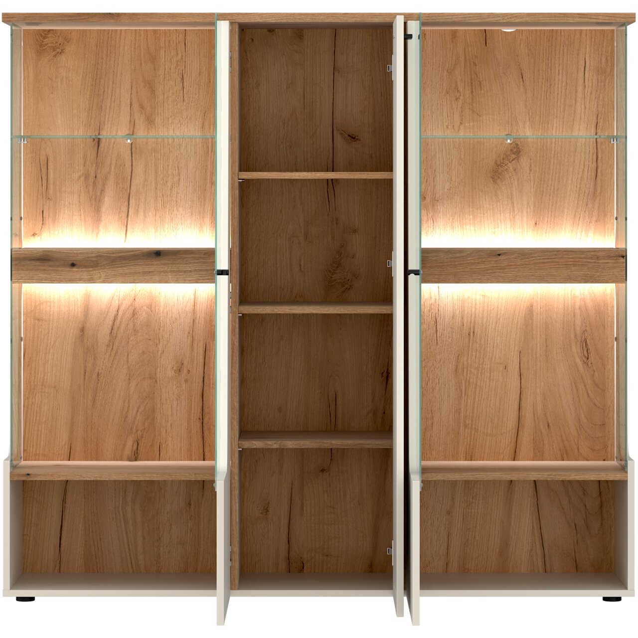 Frontansicht eines Highboards mit offenen Türen, Holzoptik und integrierter Beleuchtung.