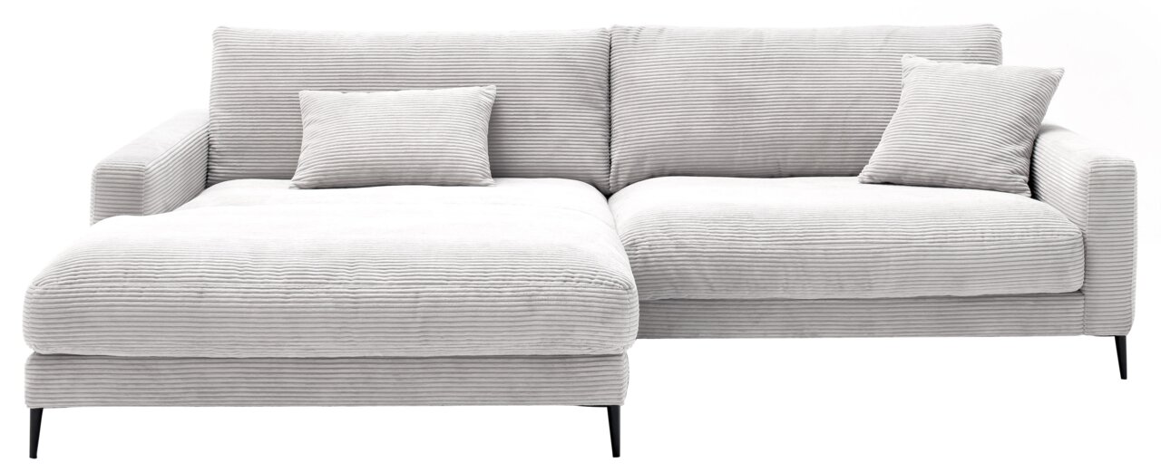 Graue Longchairkombination mit geripptem Stoffbezug, zwei Kissen und schwarzen Metallfüßen, Frontalansicht.