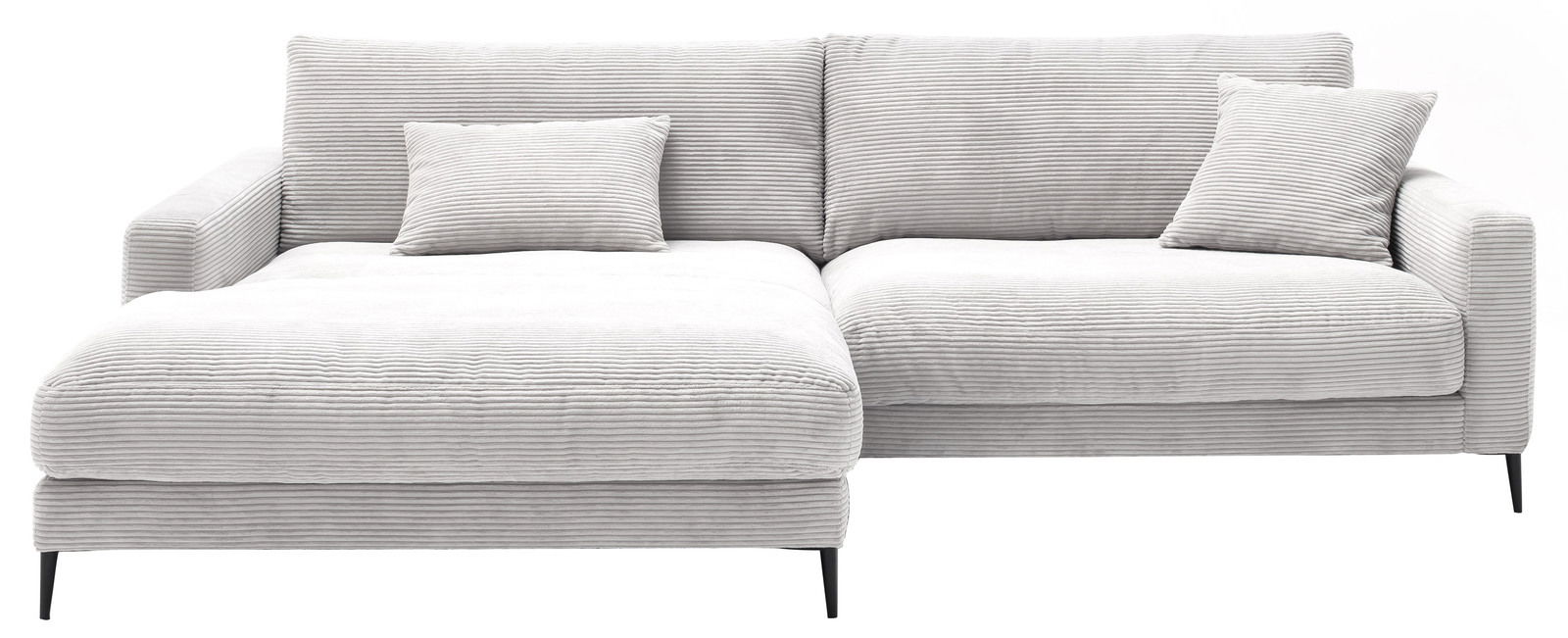 Graue Longchairkombination mit geripptem Stoffbezug, zwei Kissen und schwarzen Metallfüßen, Frontalansicht.