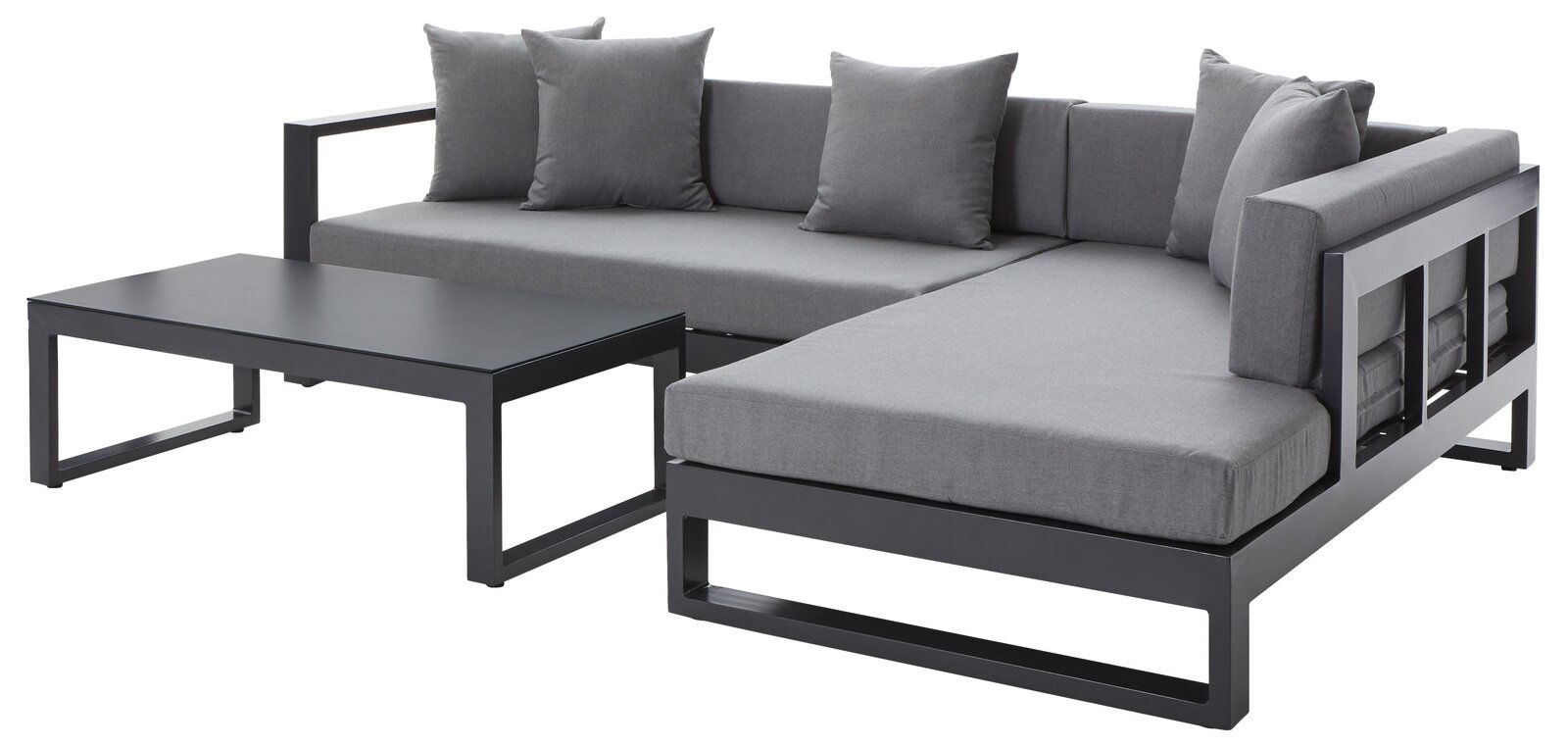 Amatio Loungeset (rechts) WILLIS Modernes Lounge-Set mit grauen Kissen und schwarzem Metallrahmen, Perspektive von vorne rechts.