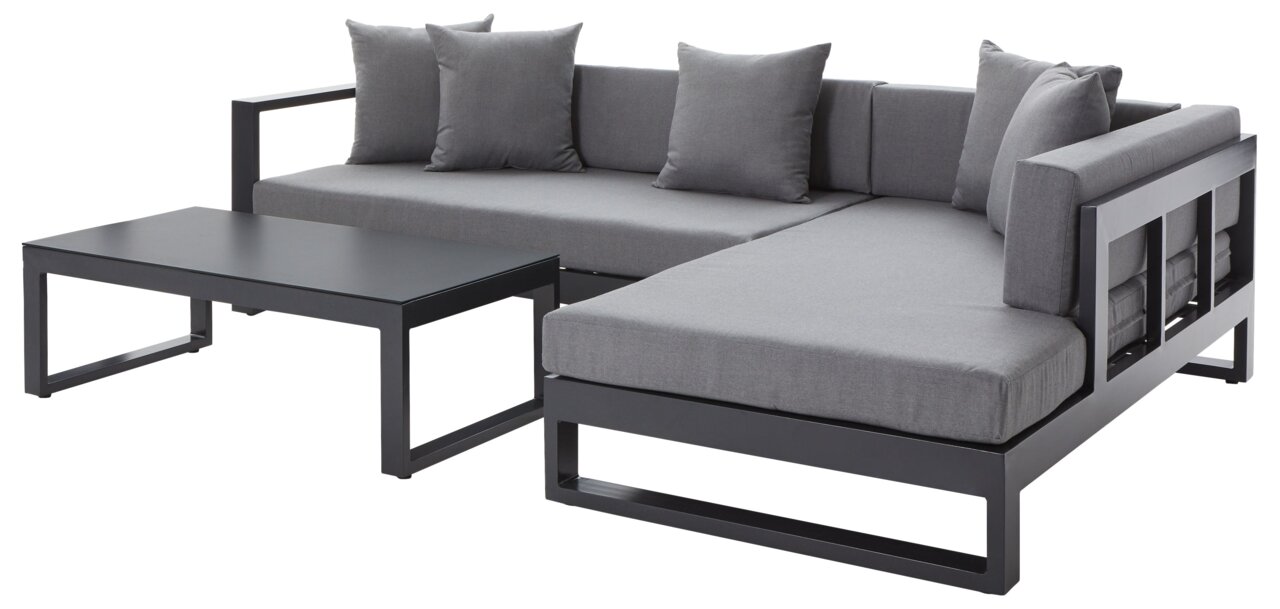 Amatio Loungeset (rechts) WILLIS Moderne loungeset met grijze kussens en een zwart metalen frame, gezien van rechts vooraan.