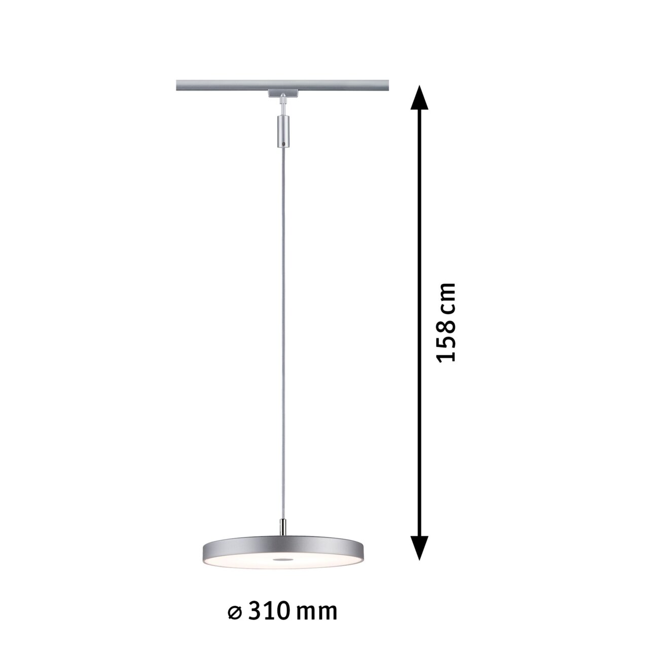 Schienenpendel Hildor, moderne Hängelampe mit einem Durchmesser von 310 mm und einer Länge von 158 cm, seitliche Ansicht.