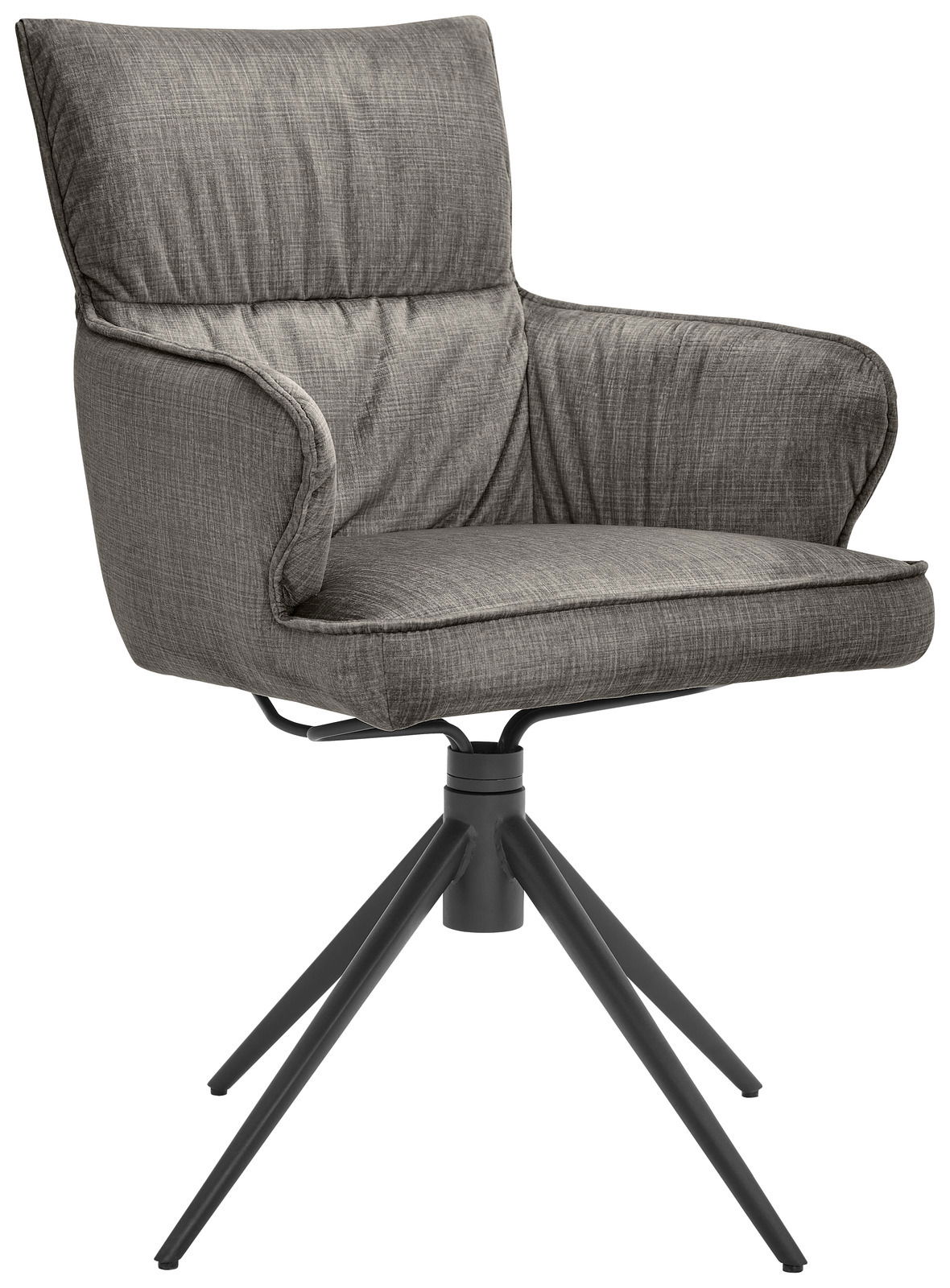 Grauer Armlehnstuhl mit gepolstertem Sitz und Rückenlehne, auf schwarzem Metallgestell mit vier Beinen, seitliche Perspektive