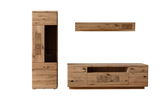 Holz-Wandkombination bestehend aus einem hohen Schrank, einem niedrigen TV-Schrank und einem Wandregal, frontal betrachtet.