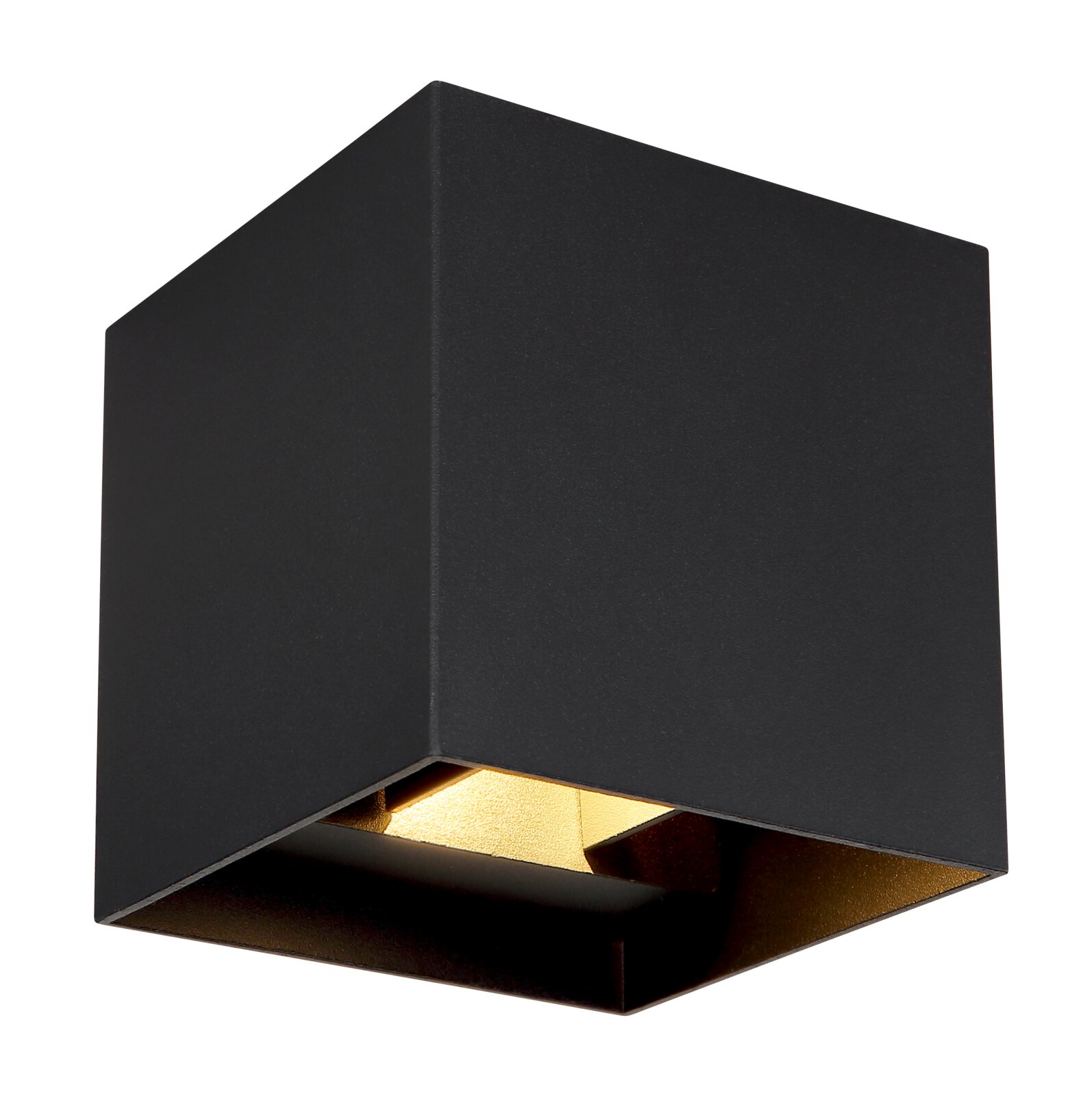 Schwarze, würfelförmige Außenleuchte mit goldener Innenseite, Perspektive von unten.