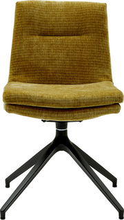 Moderner Stuhl mit senfgelbem Stoffbezug und schwarzem Metallgestell, Frontalansicht