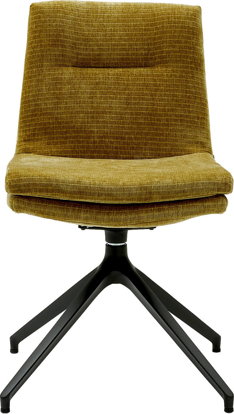 Moderner Stuhl mit senfgelbem Stoffbezug und schwarzem Metallgestell, Frontalansicht