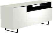 Weißes TV-Lowboard mit schwarzem Regal, seitliche Perspektive