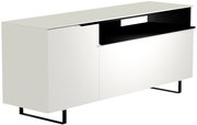 Weißes TV-Lowboard mit schwarzem Regal, seitliche Perspektive