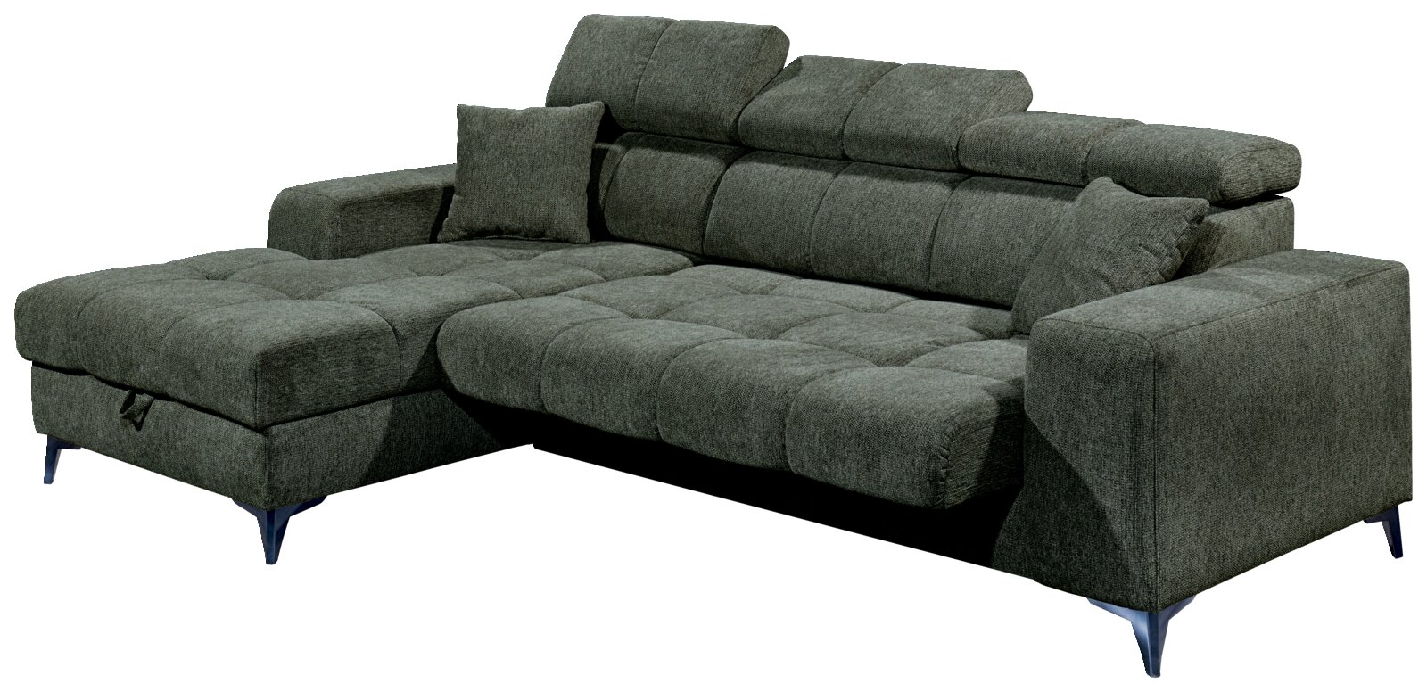 Grünes Ecksofa mit verstellbaren Kopfstützen und zwei Kissen, Perspektive von vorne links