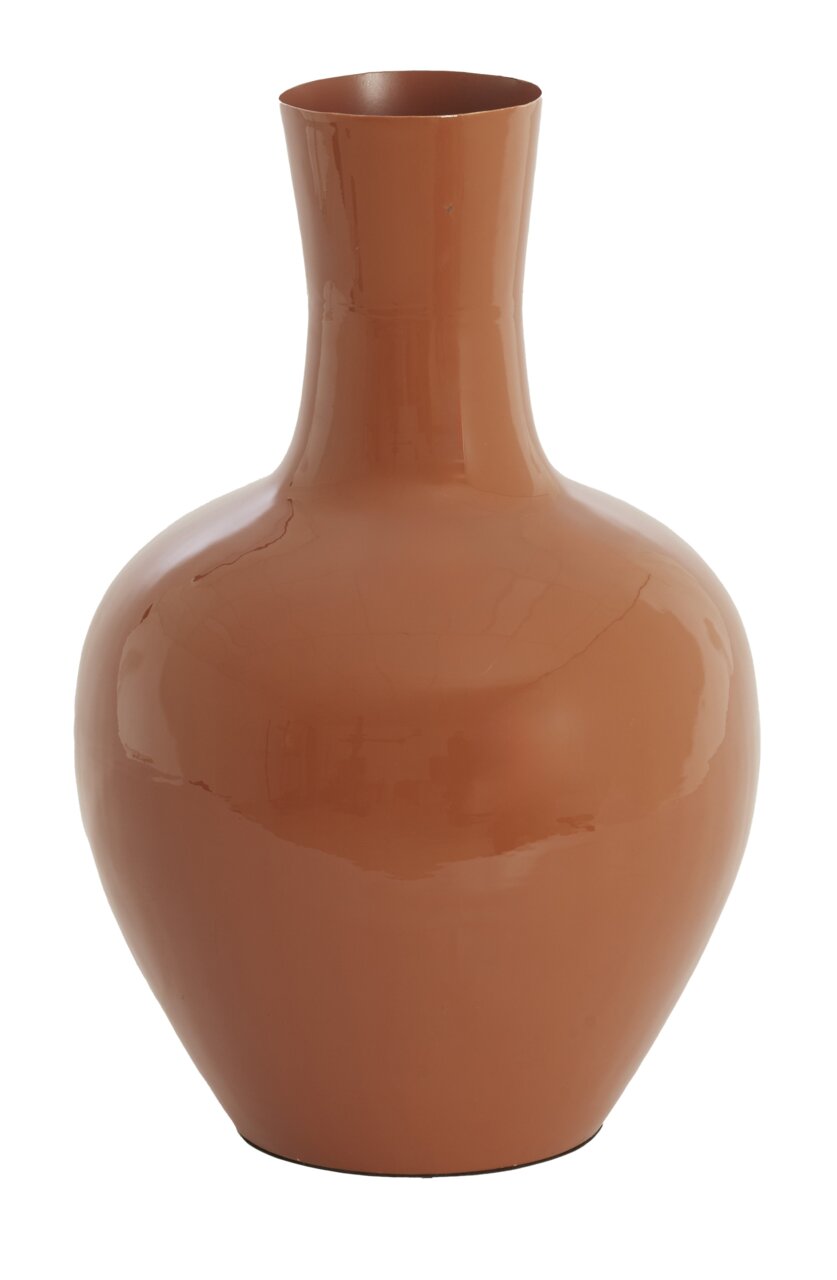 Braune, glänzende Vase in klassischer Form, frontal fotografiert.