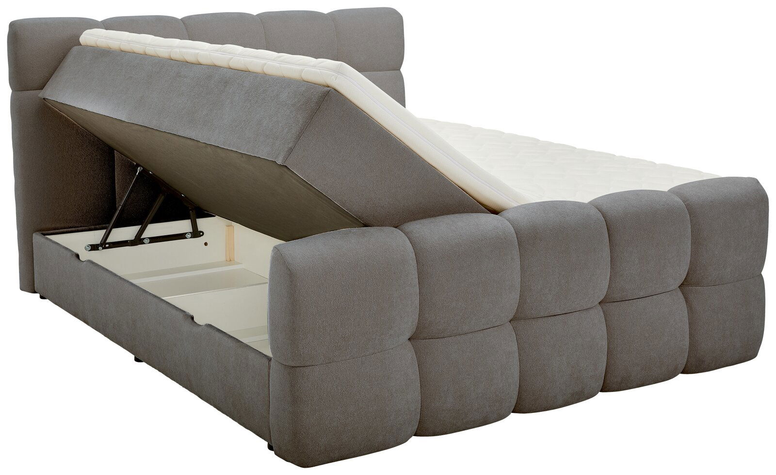 Boxbett mit hochgeklappter Matratze und Stauraum, seitliche Perspektive