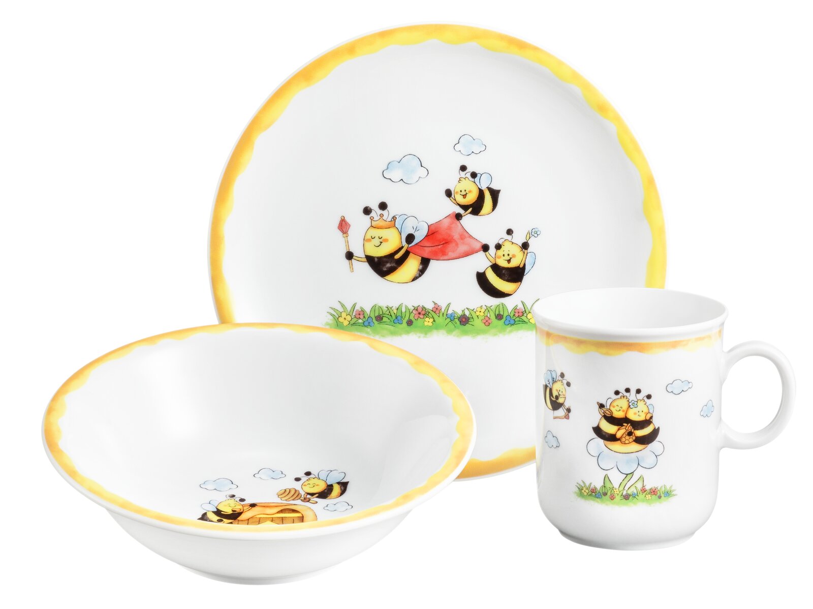 Kinderset bestehend aus einem Teller, einer Schüssel und einer Tasse mit fröhlichen Bienenmotiven, aus der Vorderansicht fotografiert.