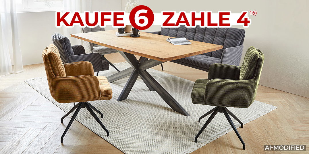 Essgruppe mit Holztisch und Polsterstühlen, Aktion „Kaufe 6, zahle 4“. KI-generiert.