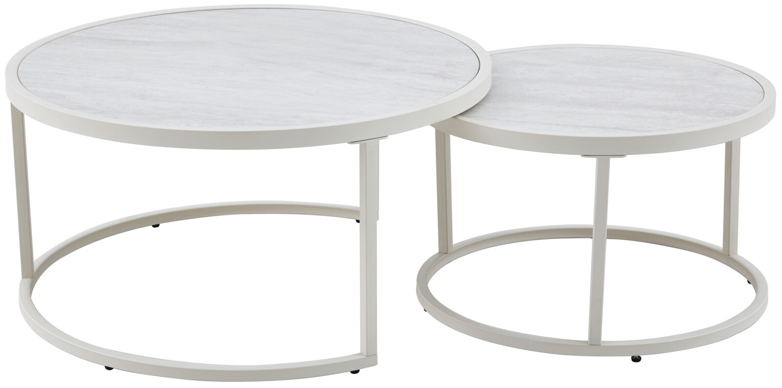 Z2 Couchtisch 2er Set ILLE Zweiteiliges Set runder Beistelltische/Couchtische in Weiß mit hellgrauer Tischplatte und Ringgestell, freigestellt auf weißem Hintergrund, Perspektive: leicht von oben in schräger Frontansicht