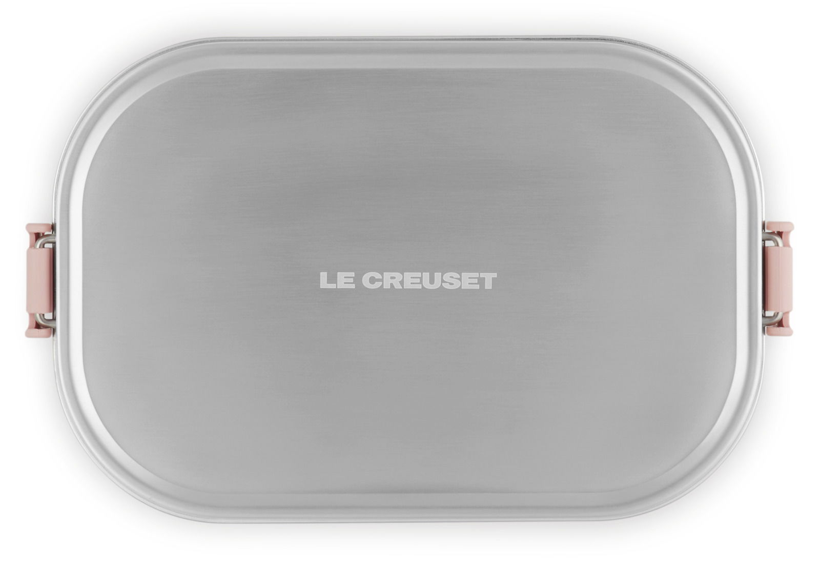 Obenansicht einer silbernen Lunchbox mit rosa Verschlüssen und dem Logo 'Le Creuset' in der Mitte.
