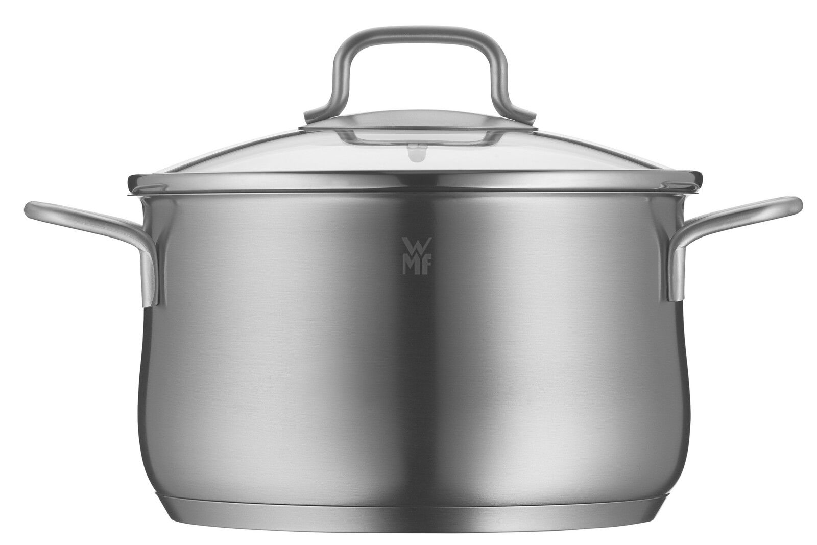 Edelstahlkochtopf mit Glasdeckel und zwei Griffen, frontal fotografiert
