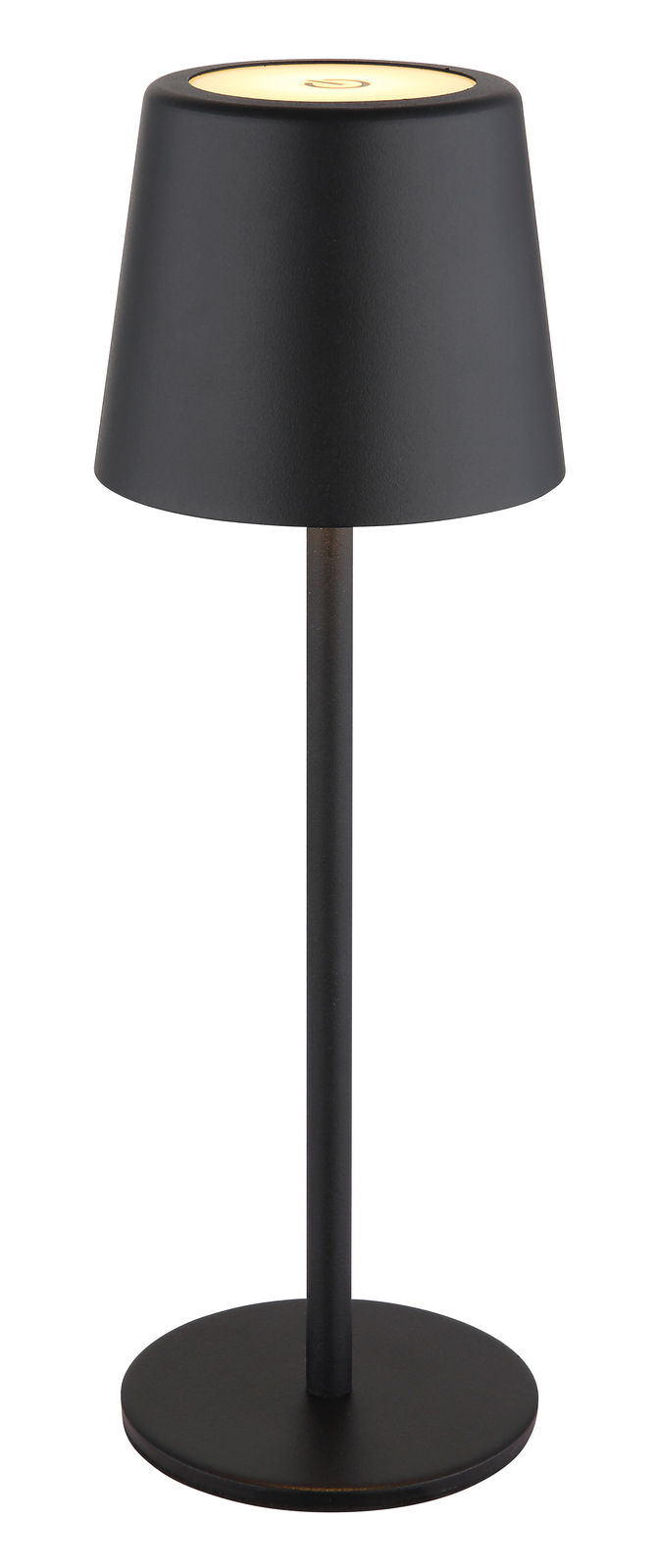 Schwarze Tischleuchte mit modernem, minimalistischem Design, seitliche Perspektive