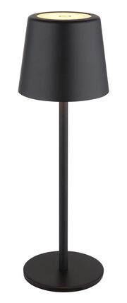 Schwarze Tischleuchte mit modernem, minimalistischem Design, seitliche Perspektive