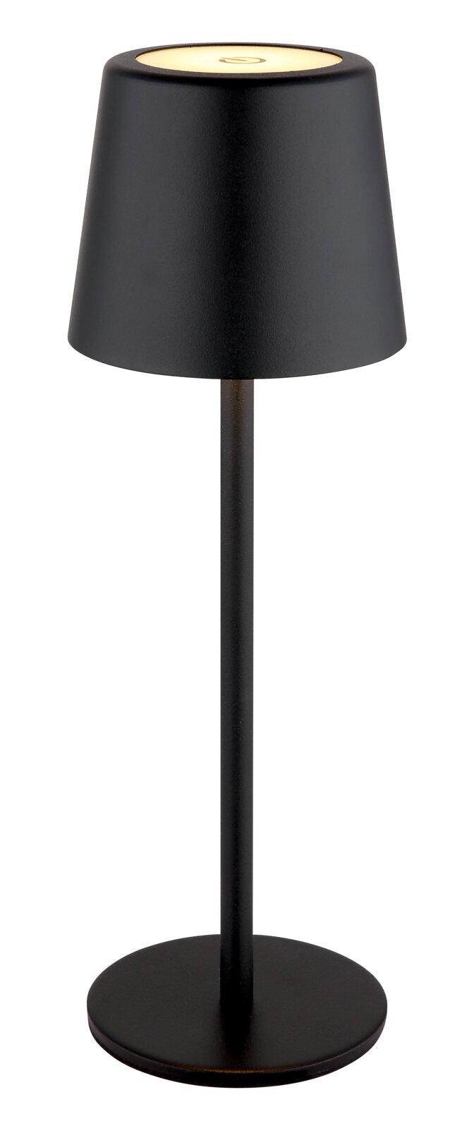 Schwarze Tischleuchte mit modernem, minimalistischem Design, seitliche Perspektive